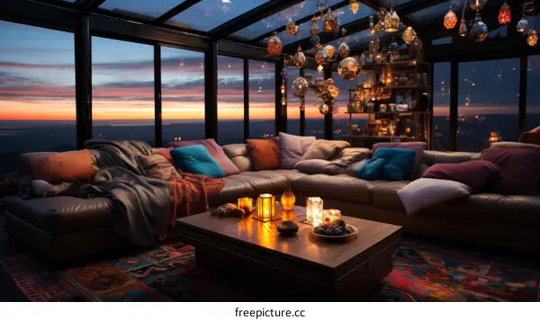 A cozy living room with a beautiful view of the sunset