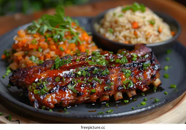 A plate of barbecued pork ribs with rice and vegetables