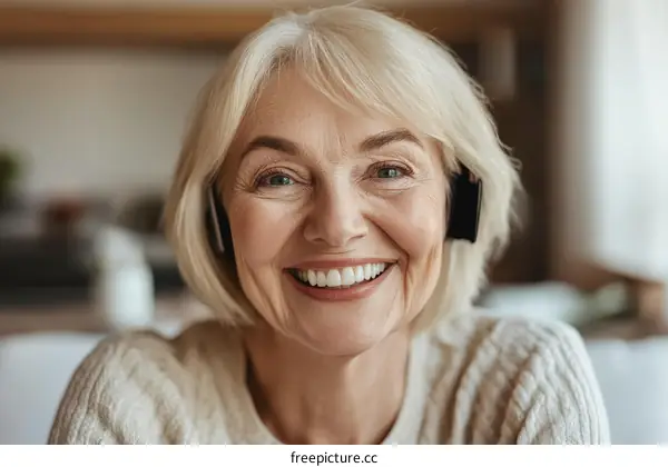 Smiling Senior Woman Wearing Headphones in Home Setting