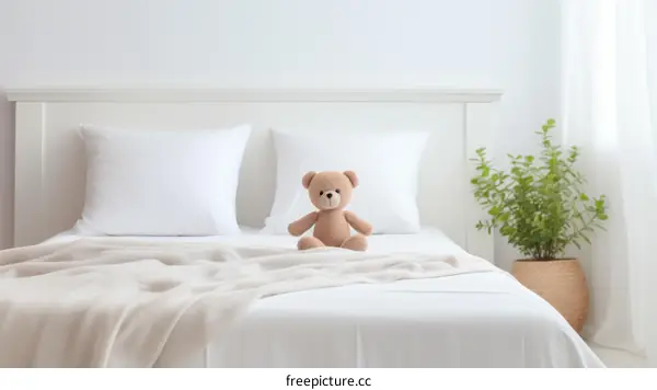 Cozy Minimalist Bedroom with Teddy Bear and Plant
