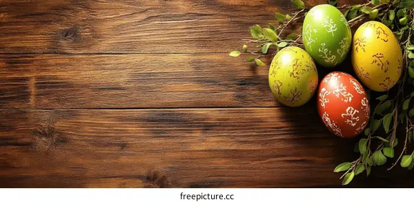 Easter Eggs on Wooden Table Background