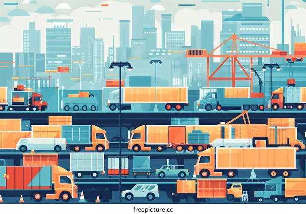 Cityscape Illustration of a Busy Port with Trucks and Cranes