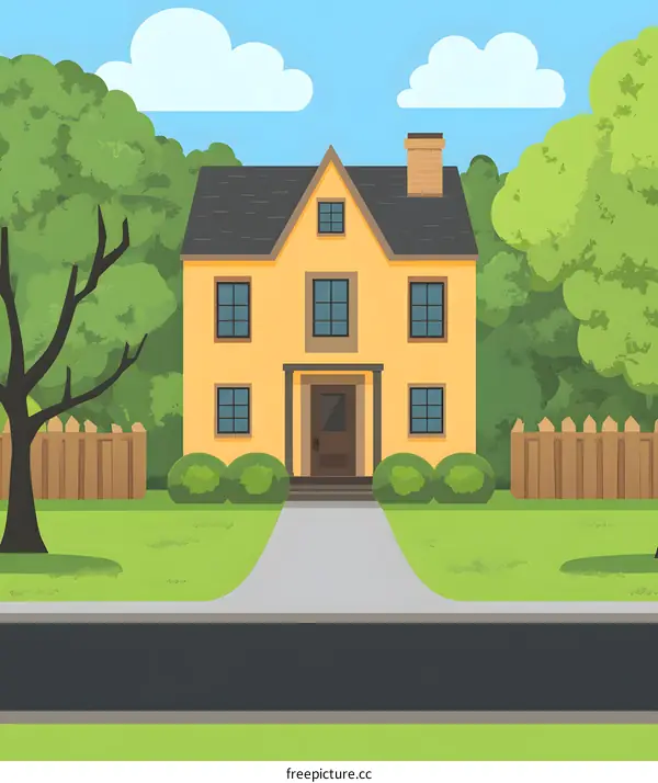 Yellow House with Green Trees and Fence