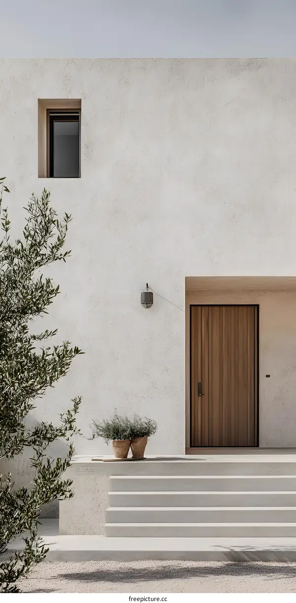 Minimalist Modern Home Exterior Design with White Walls and Wooden Door