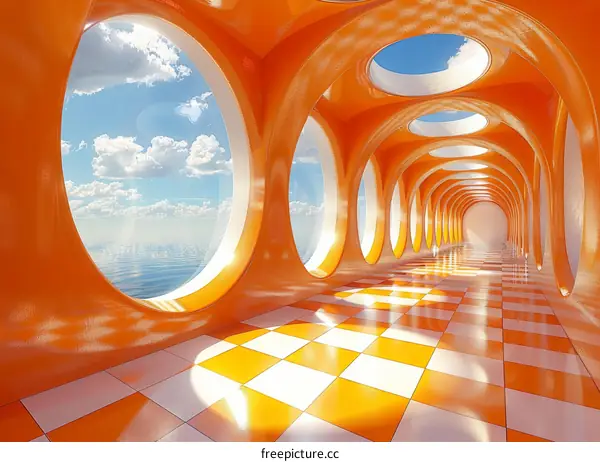 Futuristic Orange and White Checkered Corridor