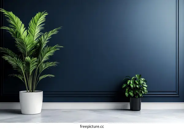 Modern Interior Design with Dark Blue Wall and Plants