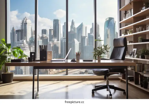 Modern Office Workspace with City View and Urban Setting