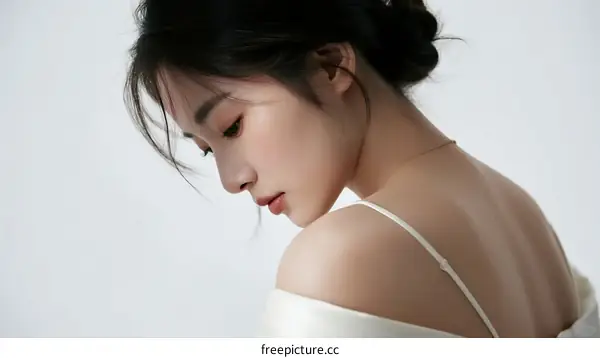 A young woman with elegant updo hairstyle and bare shoulders