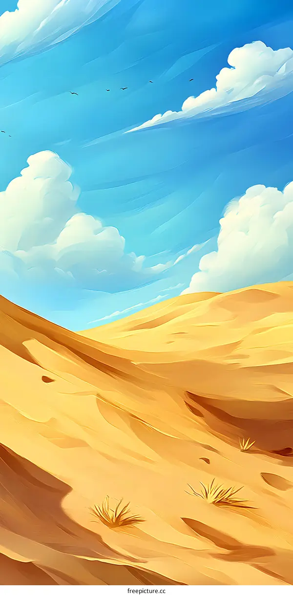 Digital Painting of Desert Landscape with Blue Sky and White Clouds
