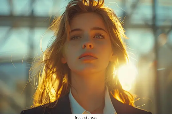 Portrait of a young woman with long blond hair and freckles on her face
