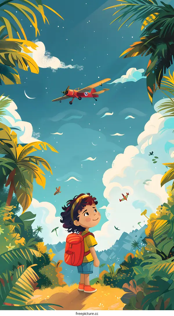 Little Girl Dreaming of Adventure in Tropical Forest