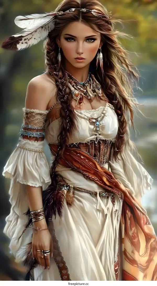 Beautiful Native American Woman With Feathers in Her Hair