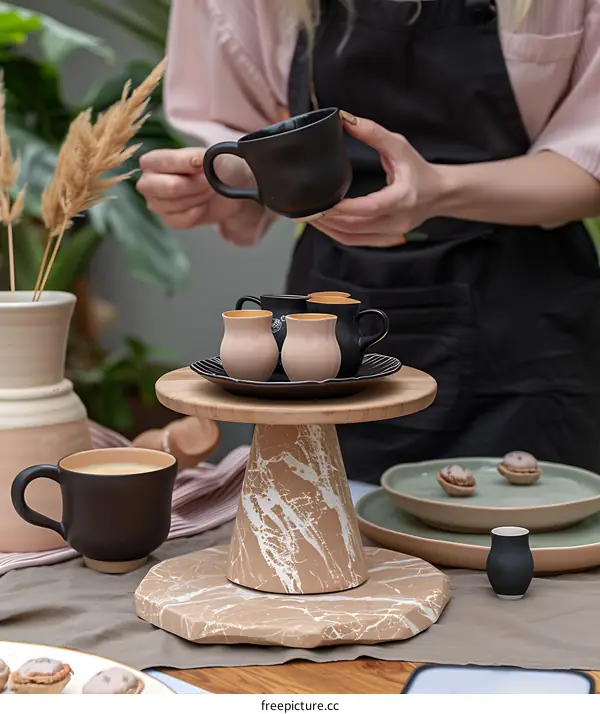 Ceramic Cups and Plates on Wooden Stand with Woman Holding Mug