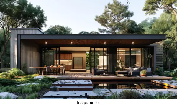 Modern House Exterior Design with Large Glass Windows and Wooden Deck