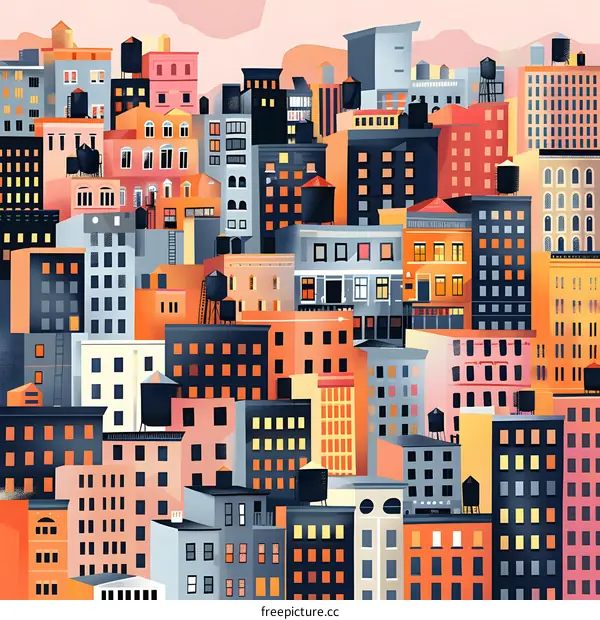 Cityscape Illustration with Colorful Buildings and Water Tanks