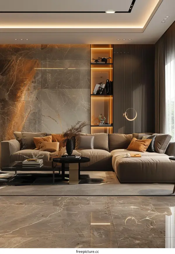 Modern Living Room Interior Design With Marble Walls And Wooden Shelves