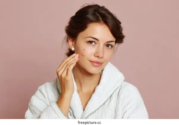 Woman with skin imperfections in a bathrobe