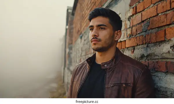 A Hispanic Man Leaning Against a Brick Wall in Fog