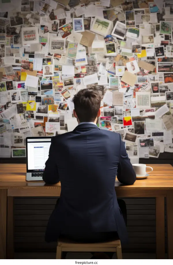 A man looking at a wall full of pictures