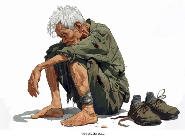 An old man sits on the ground with his head in his hands