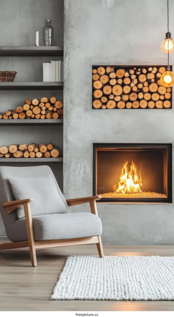 Modern Cozy Living Room with Fireplace and Bookshelves