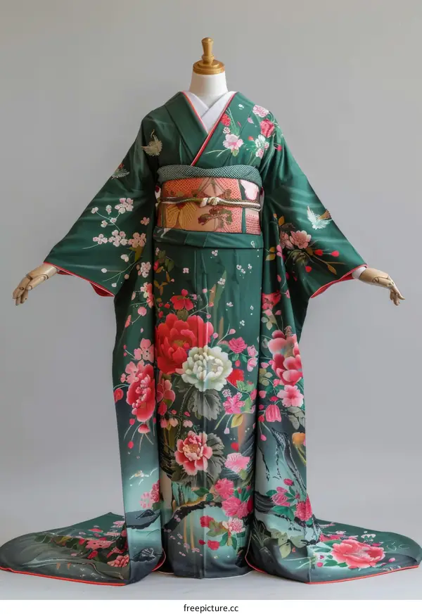 Green and Pink Floral Kimono with Red Trim