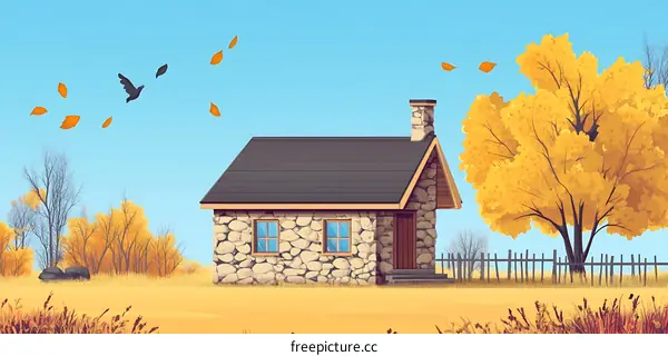 Stone Cottage with Autumn Leaves and Bird in the Sky