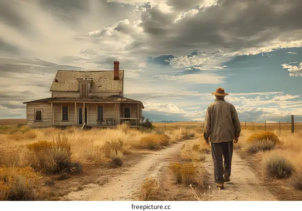 Lonely Man Walking Away From Abandoned Farmhouse