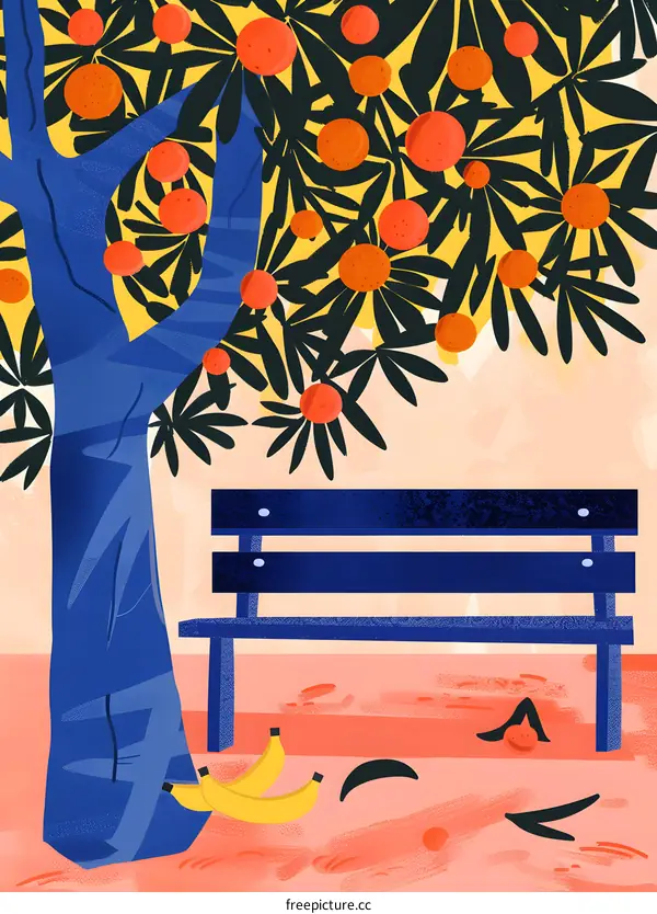 Orange Tree with Bench and Bananas Illustration