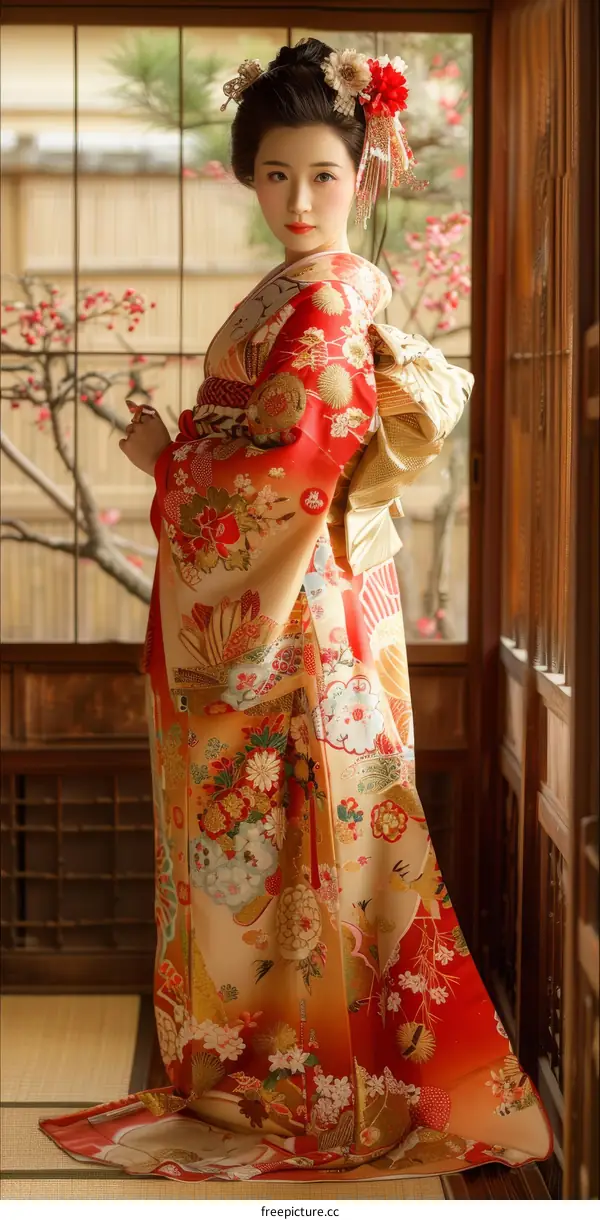 Japanese Woman in Traditional Kimono Dress