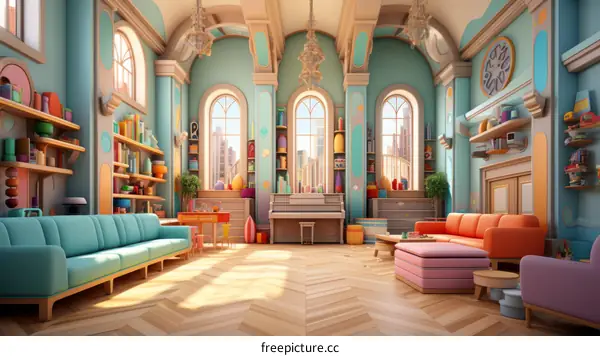 A colorful living room with a piano, bookshelves, and a fireplace