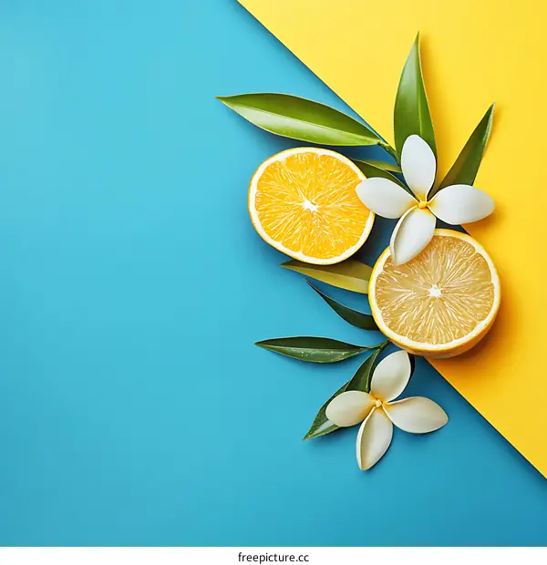 Fresh Orange and Lemon with White Flowers and Green Leaves on a Blue and Yellow Background