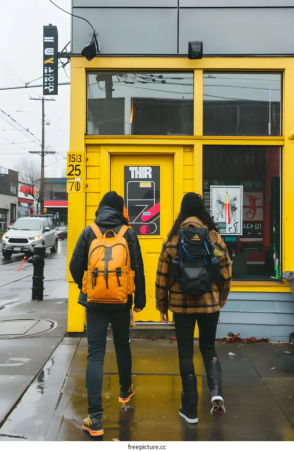 Two People Walking in Front of Yellow Building