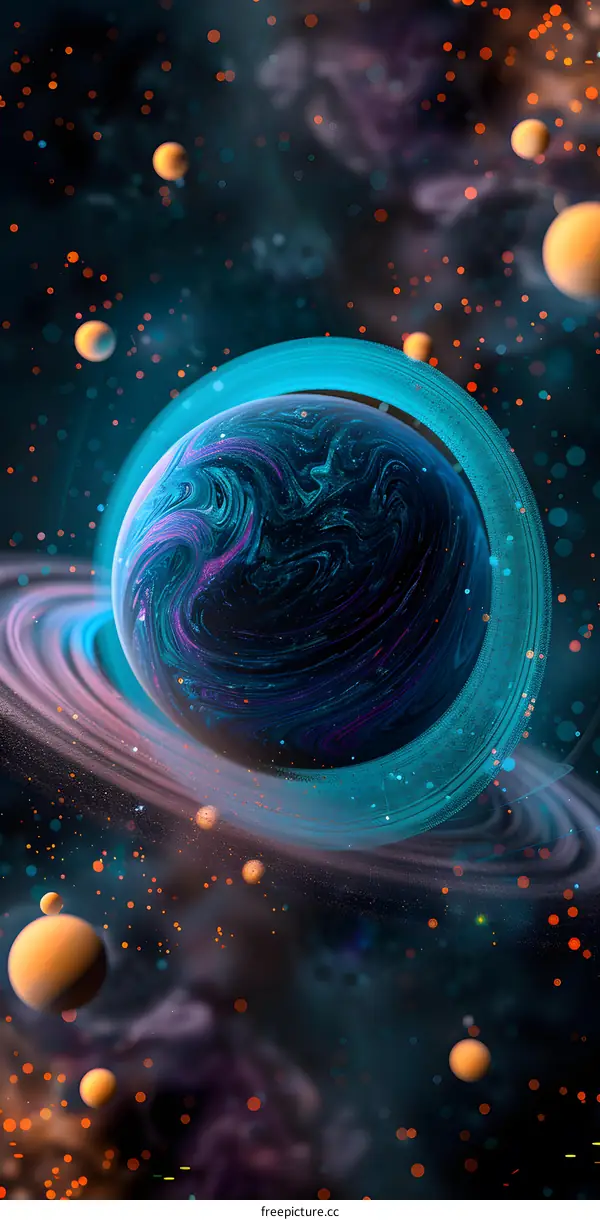 Blue and purple planet with a glowing blue ring surrounded by stars in space