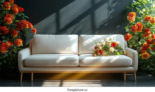 Modern Minimalist Sofa with Floral Arrangement