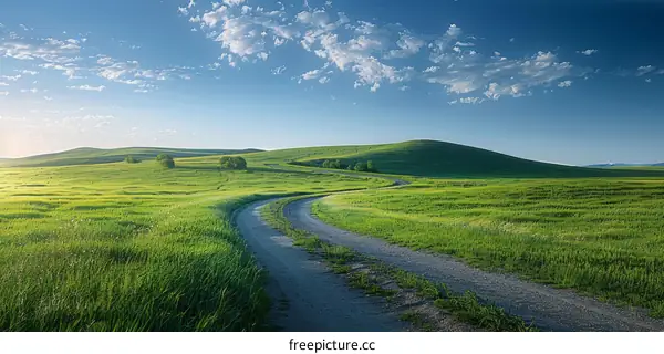 Curving Road Through a Vast Green Field