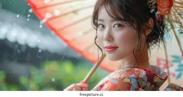 Portrait of a beautiful Japanese woman in traditional kimono holding a red umbrella in the rain