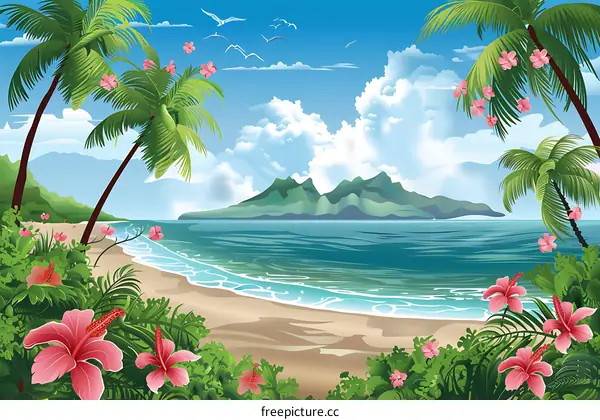 Tropical Beach with Palm Trees and Ocean