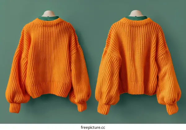 Two orange sweaters on a green background
