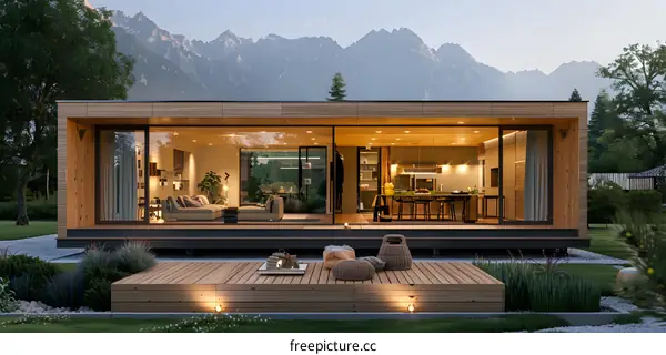 Modern house exterior design with beautiful mountain landscape