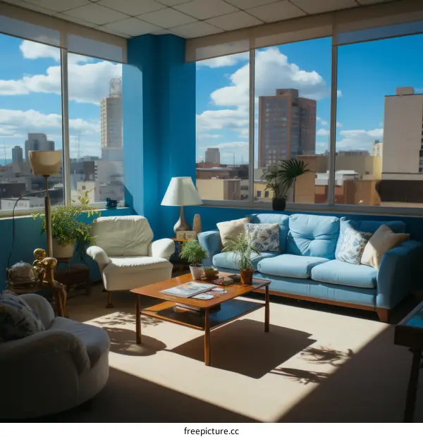 Blue living room with large windows and city view