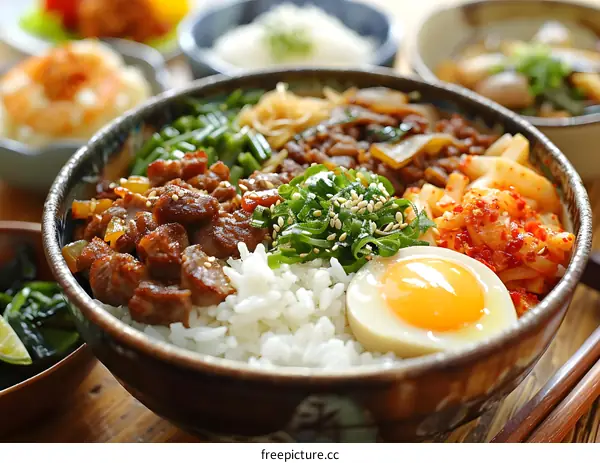 A delicious bowl of Japanese food with beef, egg, rice, and kimchi