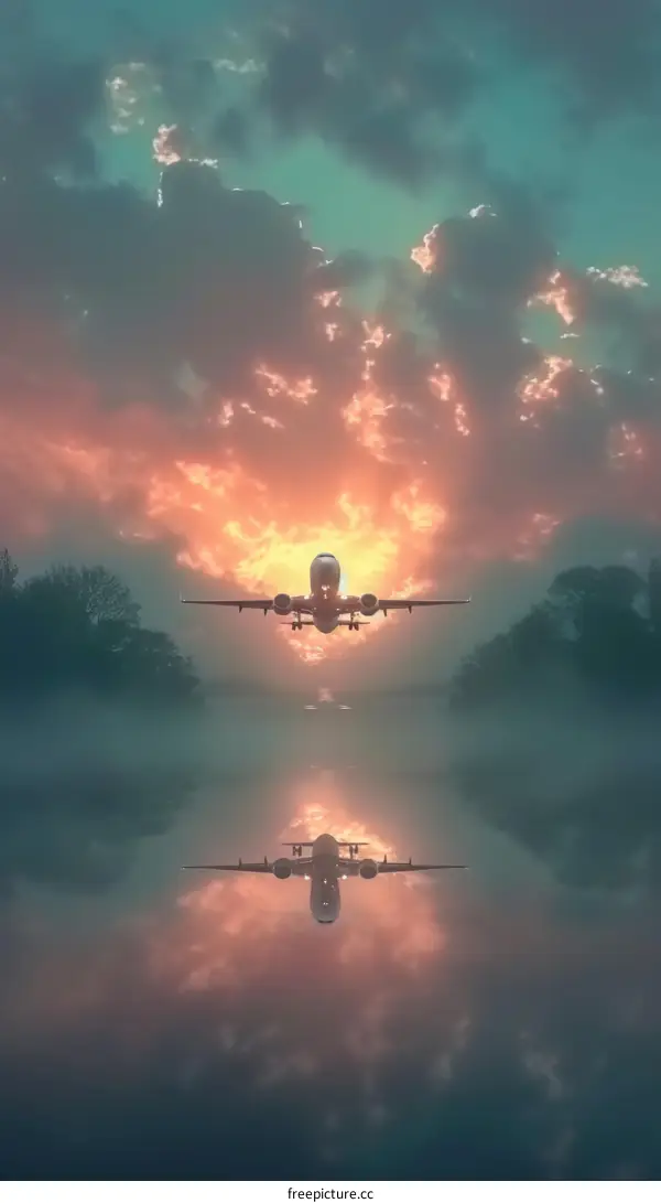 Passenger plane is flying over the lake at sunrise