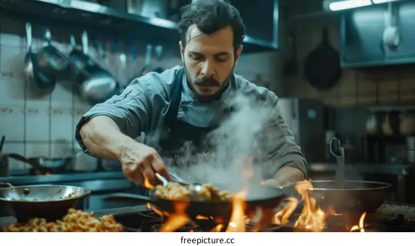 Focused male chef cooking pasta in a busy kitchen