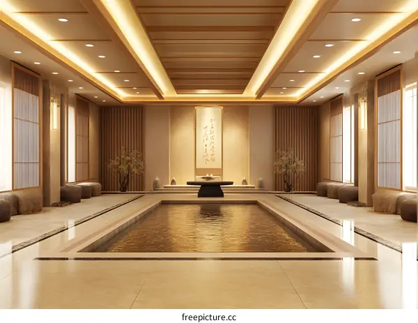Modern Zen Interior Design with Pool and Japanese Calligraphy