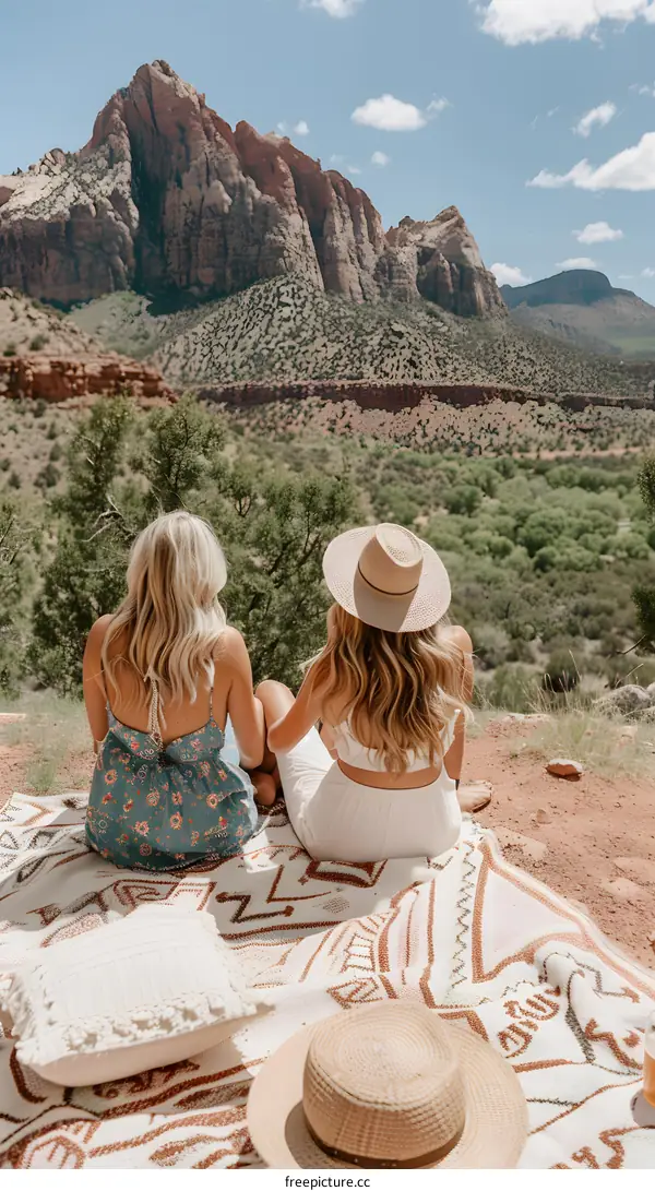 Two Women Enjoying a Scenic View in a Mountain Landscape