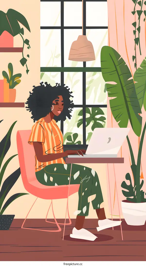 Black Woman Working On Laptop At Home Office Illustration