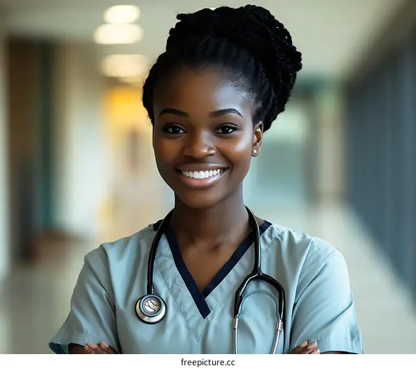 Smiling African American Nurse in Hospital Corridor