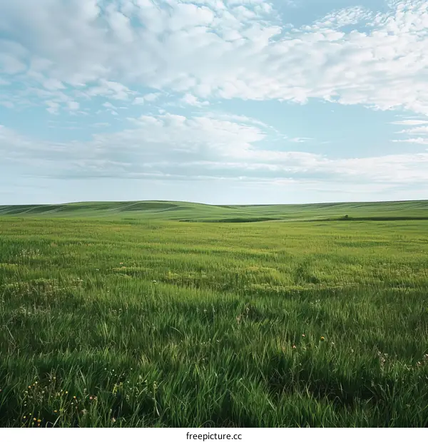 Green rolling hills under blue sky with white clouds