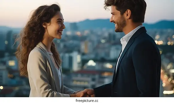 Businessman and businesswoman shaking hands at sunset